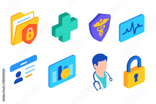 Health Data Security. Isometric vector illustration set Data privacy – health records folder, medical cross, HIPAA shield;