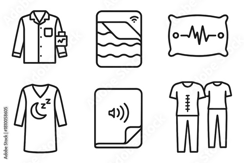 Smart Bedding Icons. Line style icons of smart bedding and sleepwear: sleep tracking pajamas, breathable smart quilt,