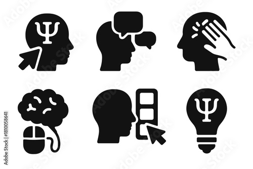 Telepathic Input Icons. Solid style icons of psi-enhanced speechless input: mind cursor icon, thought typewriter, telepathic