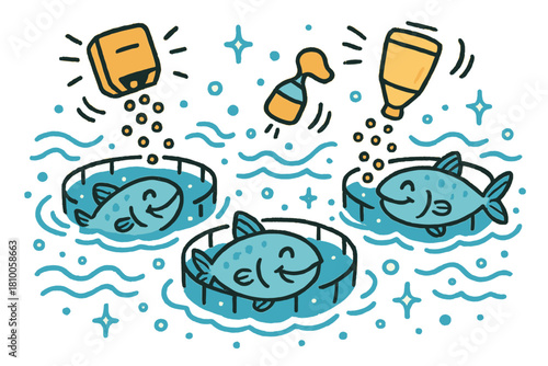 Cheerful Aquaculture Innovation. Cheerful doodle aquaculture innovation with happy fish in smiling pens, cartoon feeding devices