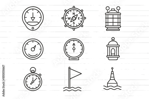 Marine Instrument Icons. Line style icons of marine instruments: depth gauge, ship compass, rudder angle indicator, engine