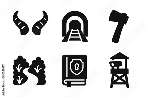 Cryptid Research Icons. Line style icons of Cryptid Research: Goatman horns, railway tunnel, axe icon, urban legend book,