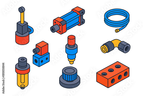 Robotics Kit Components. Isometric vector illustration set Robotics kits – pneumatic pump, air cylinder, tubing kit; solenoid