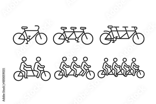 Tandem Bike Icons. Line style icons of tandem and group bikes: two-seater tandem, triple tandem bike, quad tandem, side-by-side