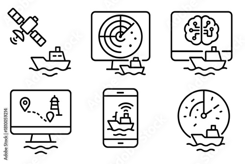 Ship Navigation Icons. Line style icons of ship navigation technology: satellite GPS control, radar navigation system, marine AI