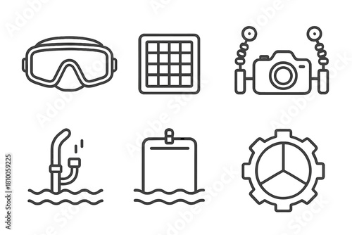 Underwater Visibility Icons. Line style icons of underwater visibility tools: dive mask with clear lens, pool lighting grid,