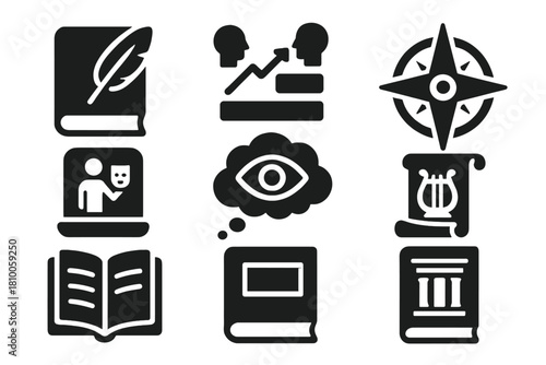 Literary Symbolism Icons. Solid style icons of literary symbolism studies: feather on book glyph, metaphor chart icon, theme