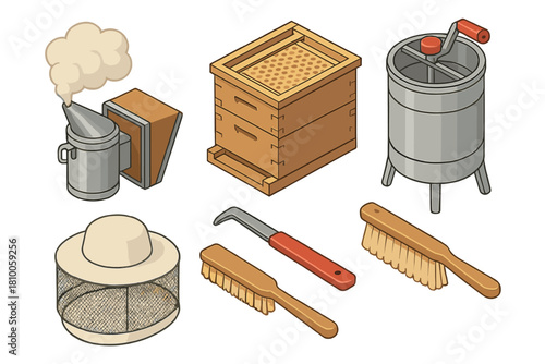 Beekeeping Tools Isometric Art. Isometric vector illustration set Beekeeping tools: smoker with billowing smoke, beehive box with