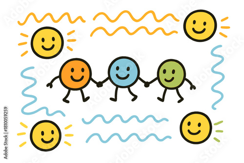 Happy Particle Playtime. Playful doodle standard model scene with happy quarks, electrons, and neutrinos holding hands, simplified
