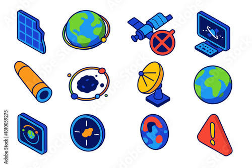 Space Debris Set. Isometric vector illustration set Space Debris: solar panel fragment, circular orbit map, collision risk graphic