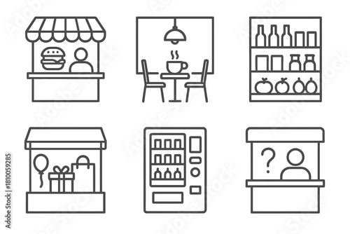 Station Retail Icons. Line style icons of retail and services at station: food kiosk symbol, café inside terminal, mini-market