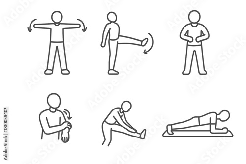 Aerial Exercise Icons. Line style icons of aerial warm-up exercises: arm circles motion, leg swings stretch, shoulder roll prep,