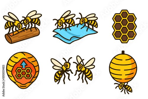 Vibrant Wasp Nest Construction. Isometric vector illustration set Social wasp nest construction: wasps processing wood fibers,