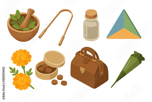 Ayurvedic Healing Essentials. Isometric vector illustration set of Traditional medicine: ayurvedic herbs bowl, copper tongue