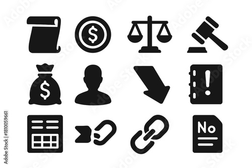 Bankruptcy Icons Collection. Solid style icons of history of bankruptcy and debt: scroll, coin, scale, gavel, bag of money, human