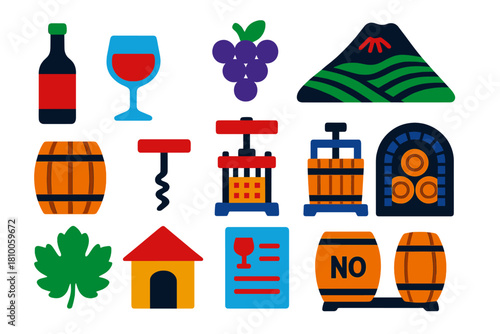 Vineyard Icons Collection. Flat vector icons of vineyard culture on volcanic slopes: wine bottle, wine glass, grape cluster,