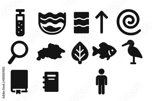 Reconstructing Lake Environments Icons. Solid style icons of reconstructing past lake environments: core sample, water layers,