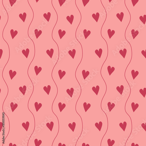 Cute and romantic vector seamless pattern with hearts and wave lines on pink background.