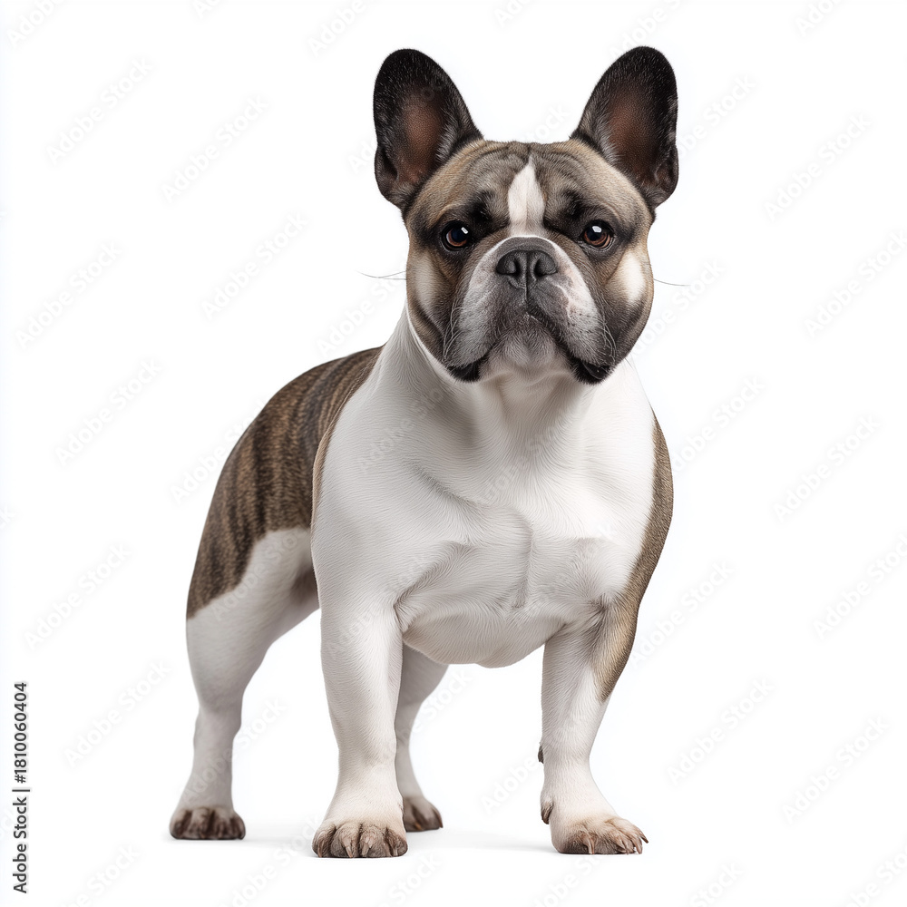 Fototapeta premium Brindle French bulldog standing on white background