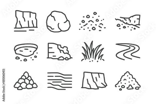 Quarry Landscape Icons. Line style icons of quarry landscape: cliff face, boulder, loose gravel, rocky slope; pit lake, collapsed