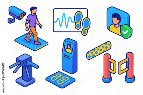 Biometric Authentication Icons. Isometric vector illustration set Biometric authentication – gait analysis camera, motion capture