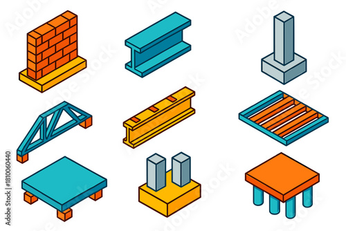 Bold Structural Framework. Isometric vector illustration set Structural framework – load-bearing wall, steel beam, concrete column