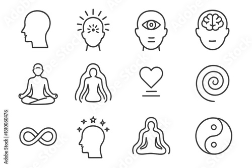 Mystical Consciousness Icons. Line style icons of mystical consciousness: open mind, glowing head, inner eye, radiant brain;