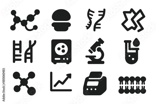 Molecular Biology Icons. Solid style icons of molecular biology: amino acid chain, ribosome structure, RNA strand, protein folding