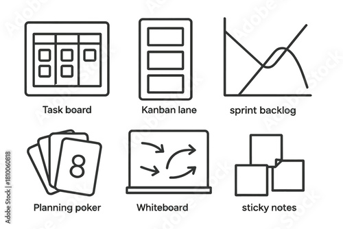 Agile Tools Icons. Line style icons of Agile collaboration tools: task board icon, Kanban lane, sprint backlog chart, planning
