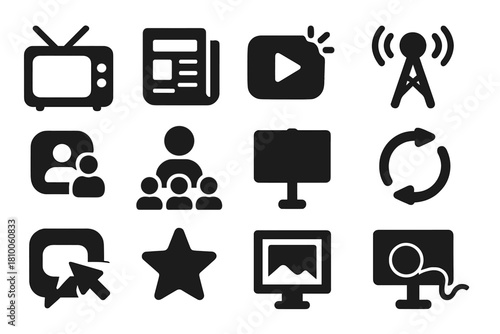 Icons of Media Persuasion. Solid style icons of persuasion in media: TV screen, newspaper page, viral video icon, radio tower,