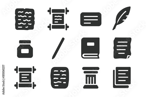 Classical Text Icons. Solid style icons of Classical Texts: Gilgamesh tablet, Homer scroll, Sanskrit manuscript, quill pen, ink