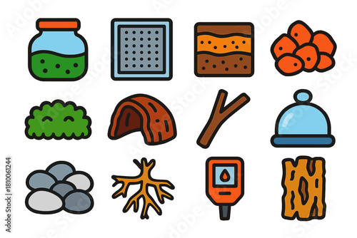 Terrarium Icon Set. Flat vector icons of Terrarium Structures: closed jar, ventilation mesh, soil layers, drainage rocks, moss