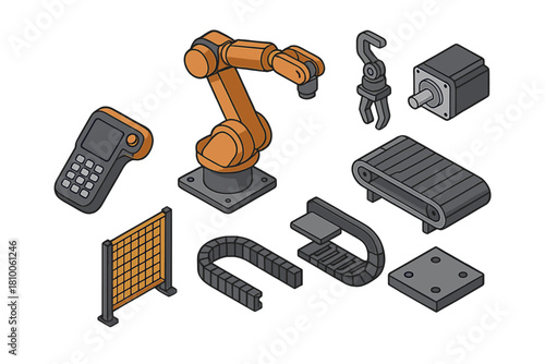 Robotic Arm Isometric Illustration. Isometric vector illustration set Robotics and AI – Industrial robotic arm: six-axis robot arm
