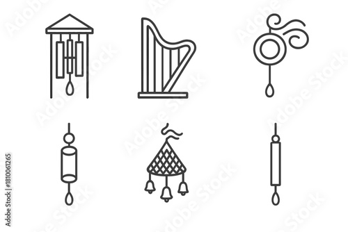Wind Sculpture Icons. Line style icons of wind-activated sculptures: wind chime tower, air harp frame, breeze-rotated ring, hollow