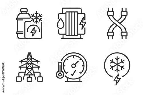 Cryogenic Power Icons. Line style icons of cryogenic power systems: cryo-electric generator, low-temp fuel cell, superconducting