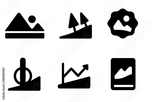 Optical Illusion Icons. Solid style icons of optical illusions at hills: horizon trick glyph, angled trees icon, strange badge.