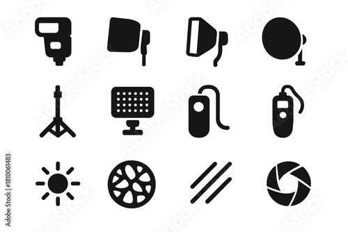 Lighting Technique Icons. Solid style icons of Lighting techniques: flashgun, diffuser, softbox, reflector, light stand, LED panel