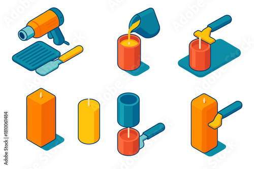 Candle Making Tools. Isometric vector illustration set Candle making – heat gun, silicone mat, smoothing spatula; top-pour