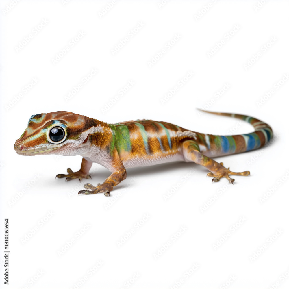 Fototapeta premium Striped gecko with blue and orange pattern on white