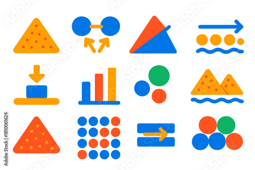 Granular Material Icons. Flat vector icons of granular material properties: sand particle, cohesion icon, angle of repose, flow