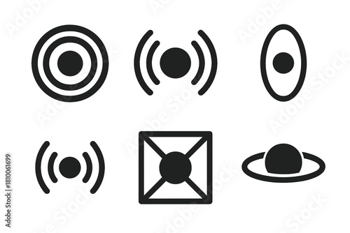Acoustic Trap Dynamics Icons. Solid style icons of acoustic trap dynamics: ring of sound badge, pressure trap with central dot,