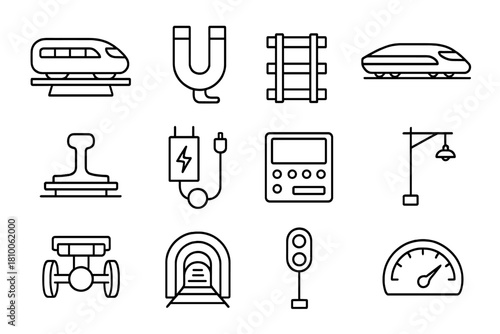 Electromagnetic Transport Icons. Line style icons of Electromagnetic Transport: Maglev Train, Electromagnet, Rail Track, High