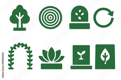 Living Memorial Icons. Solid style icons of living memorial architecture: tree-shaped monument, growth-ring memorial, seed legacy