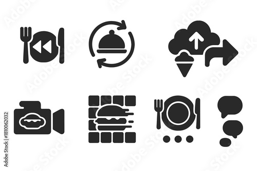 Viral Food Trends Icons. Solid style icons of viral reverse food trends: hashtag rewind snack, trending loop dish, challenge