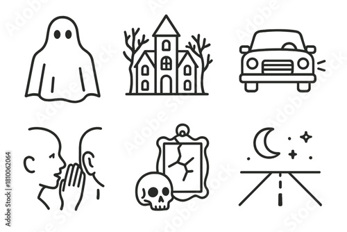 Urban Legend Icons. Line style icons of Urban Legends: shadowy figure, haunted house, mysterious car, whispered rumor, cursed