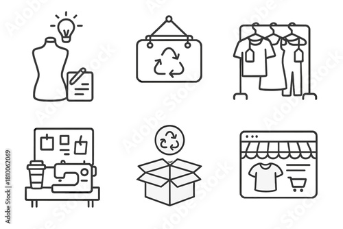 Upcycled Fashion Icons. Line style icons of upcycled fashion business: fashion startup sketch, local shop sign, boutique rack with