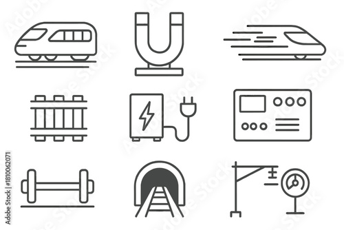 Electromagnetic Transport Icons. Line style icons of Electromagnetic Transport: Maglev Train, Electromagnet, Rail Track, High