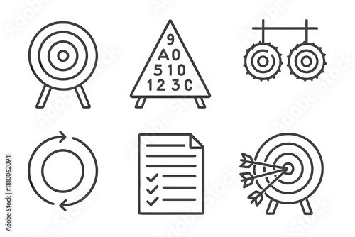 Archery Target Icons. Line style icons of archery targets and scoring: round target with bullseye, triangle scoring board, hanging