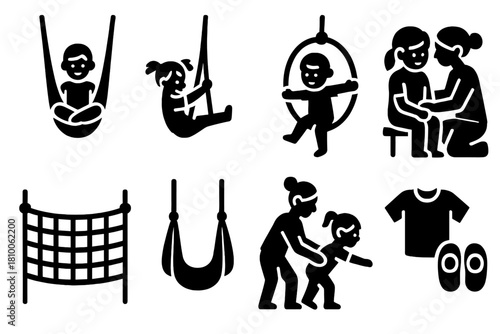 Kids Aerial Yoga Icons. Solid style icons of kids aerial yoga: child in hammock pose, playful swing icon, balance game loop.