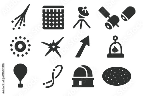 Cosmic Physics Icons. Solid style icons of cosmic particle physics: cosmic ray shower, neutrino telescope, space detector,